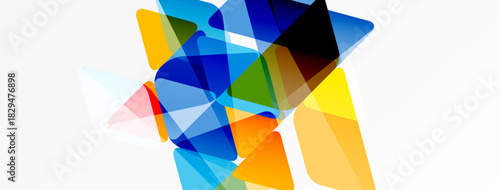 Abstract colorful shapes overlap, creating dynamic composition. Bright hues blend, suggesting energy, movement, modern design.