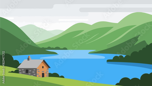 This flat design illustration depicts a tranquil Lake District landscape, featuring rolling green fells, a serene lake, and a quaint cottage under soft light.