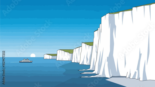 A striking flat design vector illustration of the famous White Cliffs of Dover, showcasing their iconic height against a calm blue sea and sky. This modern 2D artwork captures the grandeur of Britain