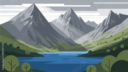 A dramatic flat design illustration showcasing the rugged mountain peaks and deep blue lake of Snowdonia National Park in Wales. This minimalist vector art captures the imposing beauty of the British 