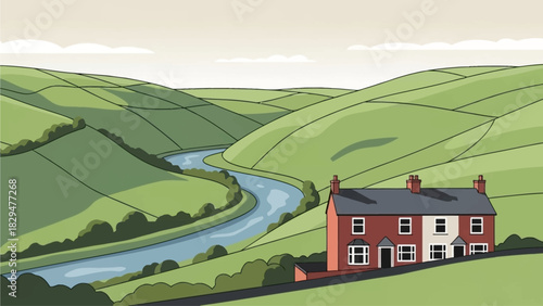 This flat design illustration depicts the rolling green landscape of the Welsh Valleys, with a winding river and a small, stylized terraced house. 