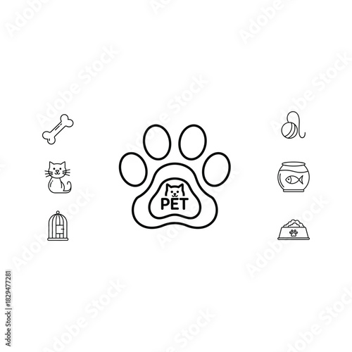 Pet care services linear icons set: paw print, bone, cat, bird cage, yarn ball, fishbowl, food.