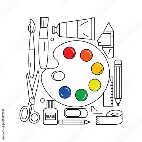 Art and craft supplies flat line illustration with colorful paint palette, brushes, scissors, stationery