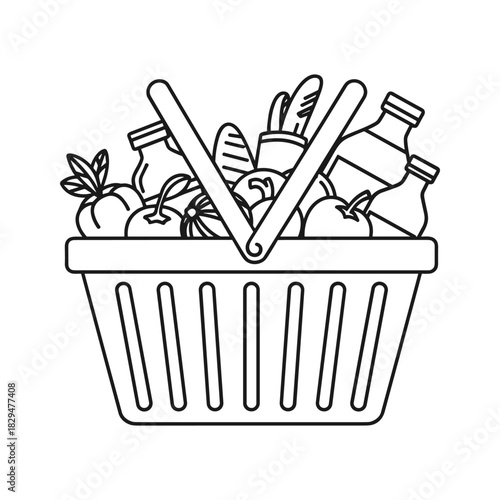 Line art shopping basket filled with fresh groceries including fruit, vegetables, bread, and milk products