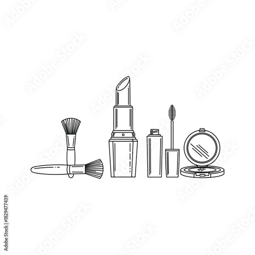 Beauty products line art illustration with lipstick, makeup brushes, mascara, and compact powder design isolated on white