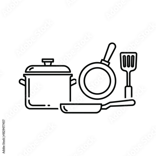 Kitchen utensils outline icon set featuring cooking pot, frying pan, and spatula for food preparation.