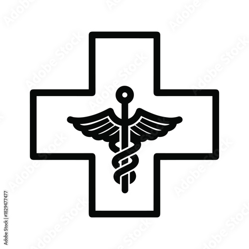Medical cross with caduceus symbol icon representing healthcare, pharmacy, and emergency services.