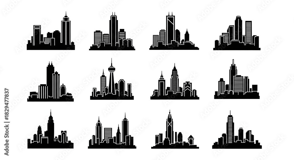 Obraz premium Urban Silhouettes: A collection of meticulously crafted cityscapes, presented in sleek, contrasting silhouettes that evoke the pulse and energy of metropolitan life.
