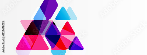 Abstract geometric shapes overlap, creating vibrant pinks, purples, blues. Minimalist design on white background. Modern aesthetic.