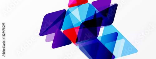 Abstract geometric shapes overlap, creating vibrant color blends. Blues, purples, reds dominate composition. Modern design element.