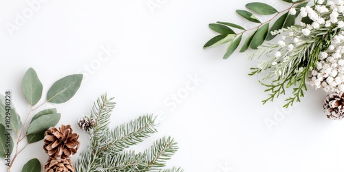 White background with a green leaf and a pine cone