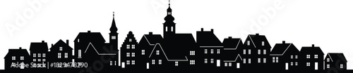 Black silhouette vector of a charming European village or town skyline, featuring traditional houses and churches, isolated border design element for holidays