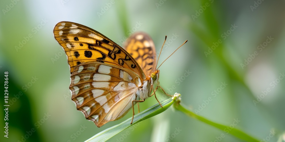 Fototapeta premium Butterfly is sitting on a green leaf