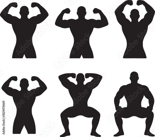 Bodybuilder Poses Silhouettes Collection Vector Illustration Strong Fitness Training