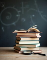 Stack of books with magnifying glass on wooden table near blackboard background. Study concept includes education learning reading and knowledge. Open book at top of books pile.