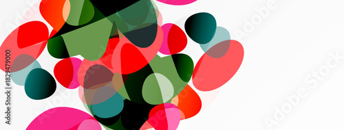 Abstract composition featuring overlapping translucent circles. Colors include red, green, pink, teal, black, white. Minimalist design, modern aesthetic.