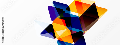 Abstract geometric shapes overlap, creating vibrant color blends. Composition focuses on orange, purple, blue hues against white background.