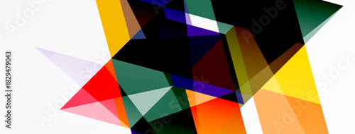 Abstract composition featuring overlapping geometric shapes. Colors include red, yellow, purple, green, black, orange, plus white background. Dynamic visual arrangement.