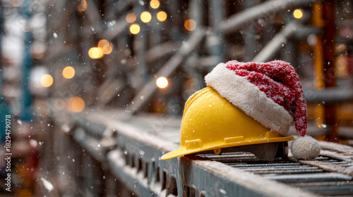 Construction site with festive Santa hat on yellow hard hat during snowfall in bright, twinkling lights Generative AI