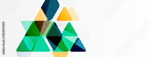 Abstract geometric shapes, triangles overlap. Green, orange, blue hues dominate white background. Modern design elements present.