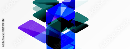 Abstract geometric shapes overlap, creating vibrant blue, purple hues. Minimalist design, clean background, modern aesthetic.