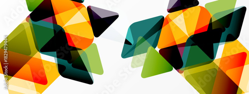 Abstract geometric shapes overlap, creating vibrant color patterns. Triangles dominate composition, offering dynamic visual texture.