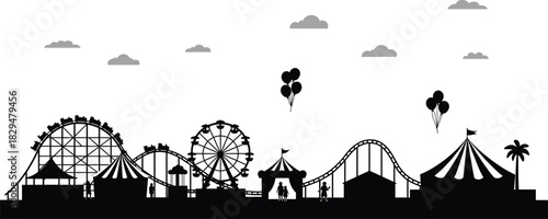 Black Silhouette Vector of a Full Amusement Park Skyline with Roller Coasters, Ferris Wheel, Circus Tents, and Clouds, Illustrating Fun and Events