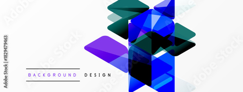 Abstract geometric shapes overlap, creating vibrant blue, purple, green gradients. Minimalist design with text below. Clean, modern aesthetic.