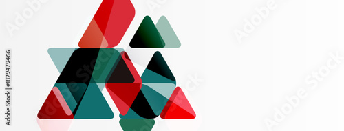 Abstract geometric shapes overlap. Red, teal, dark shades create dynamic composition on white background. Modern design element.