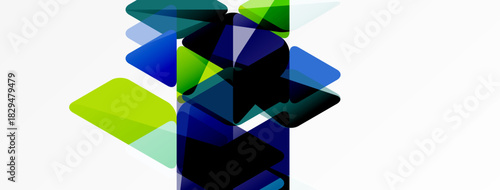 Abstract geometric shapes overlap, creating dynamic composition. Blue, green hues dominate white background. Modern design elements present.
