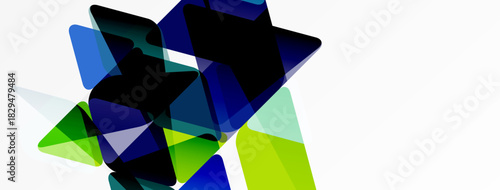 Abstract shapes overlap, creating dynamic composition. Blue, green, black tones dominate white background. Modern design element.