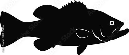 Black Silhouette Vector of a Largemouth Bass or Sunfish, Depicting a Freshwater Game Fish with Open Mouth and Spiny Dorsal Fin, for Angling Design