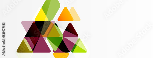 Abstract geometric shapes, triangles overlap. Colors include green, yellow, maroon, orange. Minimalist design, white background dominates.