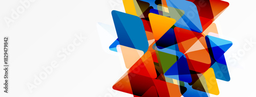 Abstract colorful shapes overlap, creating dynamic composition. Bright hues contrast against white background. Modern design element.