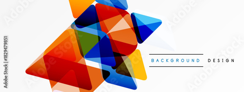 Abstract geometric shapes overlap, creating vibrant colorful background. White space dominates design, offering clean aesthetic.