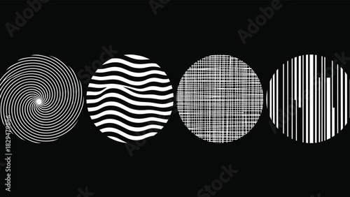 Abstract circular pattern icon set, black vector textures, spiral wave grid barcode designs, optical illusion motif, graphic illustration