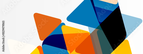 Abstract geometric shapes overlap, creating dynamic composition. Orange, blue, gray tones dominate clean background. Modern design element.