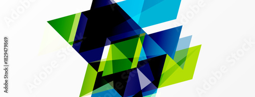 Abstract geometric shapes overlap, creating dynamic composition. Colors include blues, greens, black, white. Modern design element.