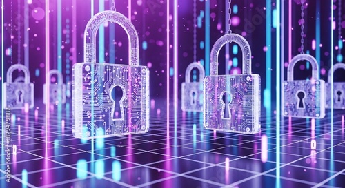 A futuristic and abstract representation of cybersecurity, featuring glowing padlocks and neon lines against a dark background, symbolizing digital protection