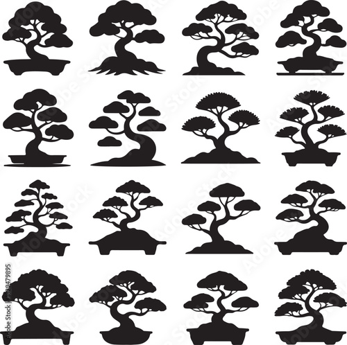 Collection of Bonsai Tree Silhouettes in Various Shapes and Styles