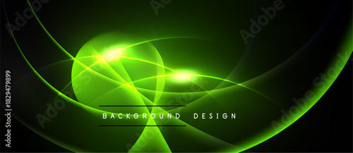 Dark background features vibrant green curves, lines, glowing center. Modern design suggests energy, motion, technology. Simple text reads background design.