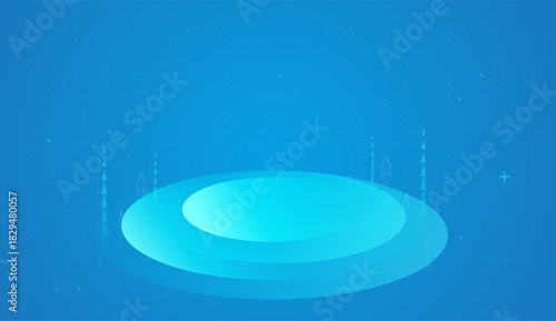 A smooth glowing circular platform sits at the center of a blue digital background, surrounded by faint rising arrows and dotted grid patterns. The abstract design
