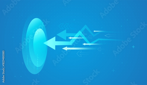 A futuristic backward arrows emerges from pixel blocks, illustrating financial progress and the rapid advancement of digital technology. Glowing digital arrows rises backward