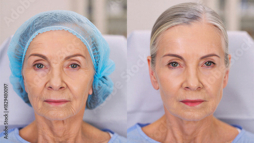 Elderly woman before and after cosmetic procedure, anti-aging transformation, skincare results, beauty enhancement, facial rejuvenation, mature skin care, aesthetic improvement, dermatologist clinic
