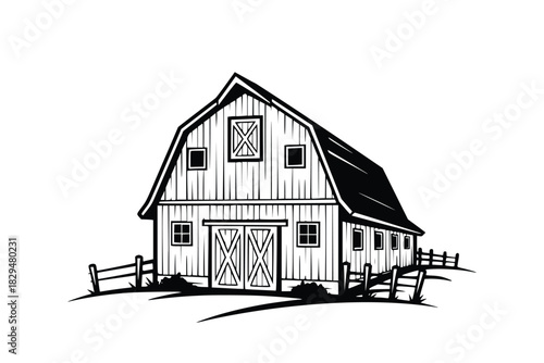 hand drawn black and white barn house vector illustration