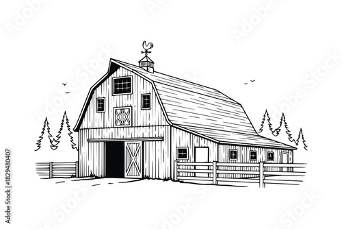 black and white barn house hand drawn vector illustration