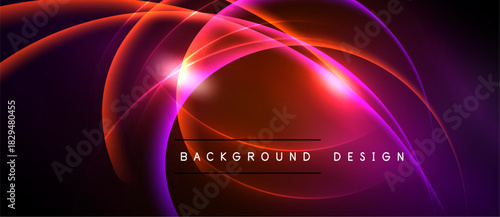 Abstract design features vibrant curves, glowing lines. Red, purple hues dominate dark background. Modern aesthetic, dynamic composition.