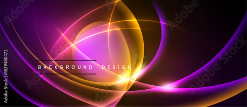Abstract vibrant curves, glowing lines create dynamic background. Purple, orange hues dominate dark space. Modern design element.