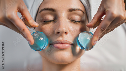Relaxing facial massage with blue ice globes used in a cooling skincare therapy routine for de-puffing, soothing the skin, and enhancing circulation in a spa or at-home self-care beauty ritual