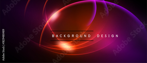 Abstract neon lines create vibrant circular shapes. Dark background emphasizes glowing red, purple hues. Text reads background design.